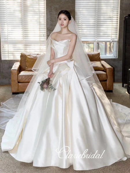 Strapless Long Ball Gown Wedding Dresses, Ivory Satin Wedding Dresses, Chic Long Wedding Dresses