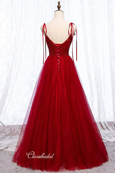 Red Color Tulle Prom Dresses, Beaded A-line Prom Dresses, Popular Newest Prom Dresses
