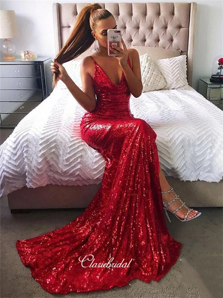 Deep V-neck Sexy Long Prom Dresses, Sequins Mermaid 2020 Newest Prom Dresses