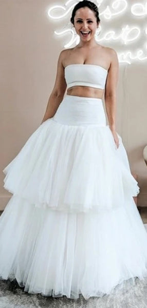 Two Pieces Tulle A-line Long Wedding Dresses, Simple Wedding Dresses