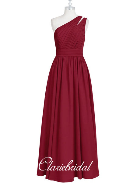 One Shoulder Long A-line Burgundy Chiffon Bridesmaid Dresses