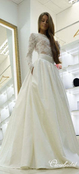 Long Sleeves Open Back Lace Top Satin Ivory Long Wedding Dresses