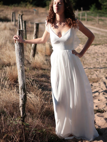 Simple V-neck Lace Wedding Dresses, Chiffon Lace Newest Wedding Dresses