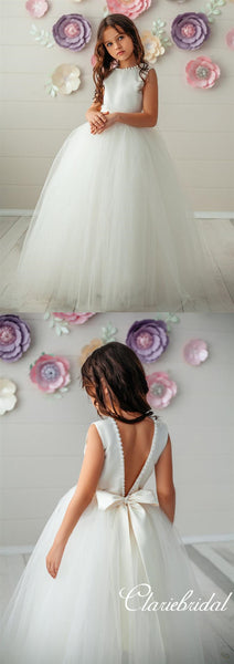 Round Neck Pearls A-line Tulle Satin Flower Girl Dresses