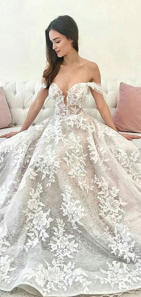 Off The Shoulder Lace Wedding Dresses, A-line 2020 Wedding Dresses, Bridal Gowns