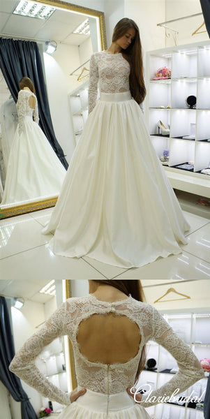 Long Sleeves Open Back Lace Top Satin Ivory Long Wedding Dresses