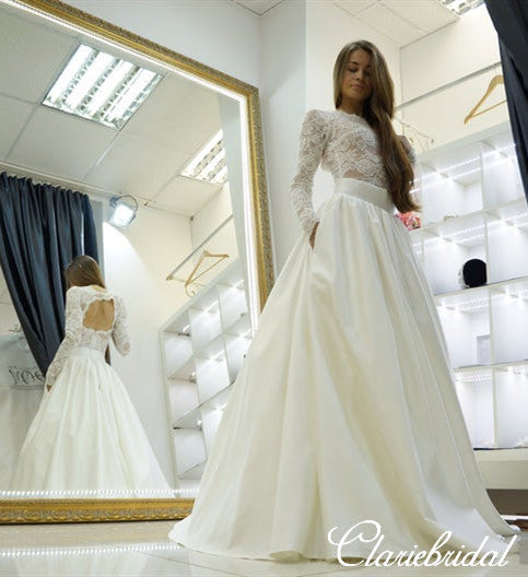 Long Sleeves Open Back Lace Top Satin Ivory Long Wedding Dresses