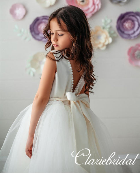 Round Neck Pearls A-line Tulle Satin Flower Girl Dresses