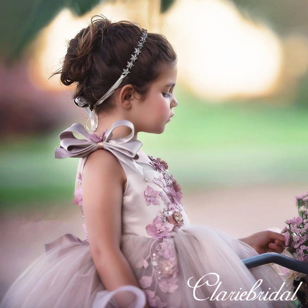 Lovely Long Tulle Satin Appliques Beaded Flower Girl Dresses