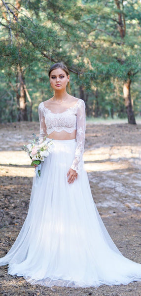 Long Sleeves Lace Wedding Dresses, Two Pieces Popular 2020 Wedding Dresses