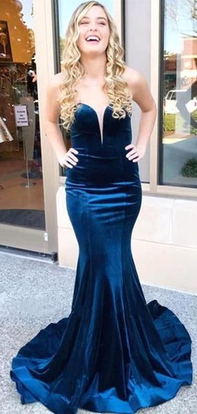Royal Blue Mermaid Velvet 2021 Prom Dresses Long, Strapless Evening Party Prom Dresses