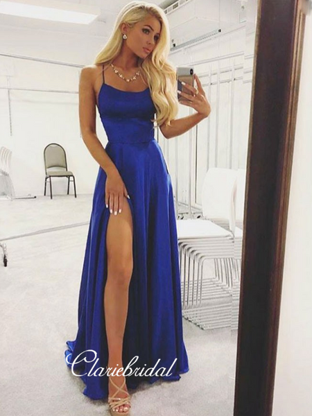Trendy Royal Blue Slit Prom Dresses, Open Back Sexy Prom Dresses