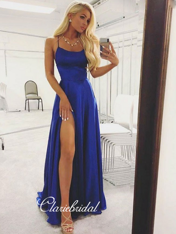 Trendy Royal Blue Slit Prom Dresses, Open Back Sexy Prom Dresses