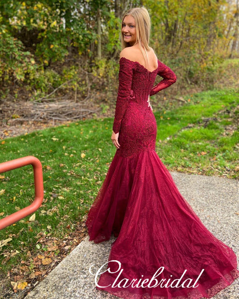 Off Shoulder Long Mermaid Burgundy Lace Tulle Prom Dresses, Beaded Prom Dresses, 2020 Prom Dresses