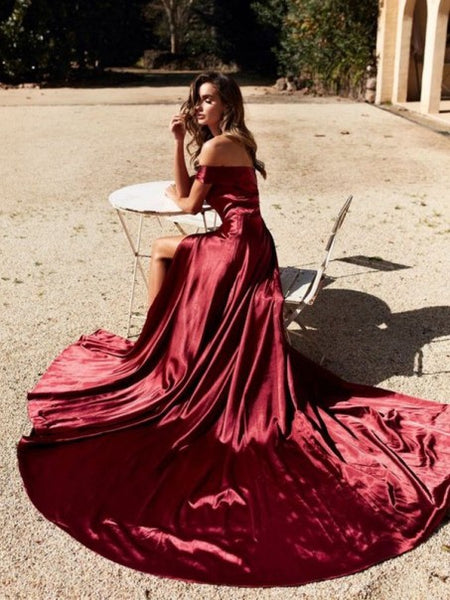 Off Shoulder High Slit Burgundy Prom Dresses, Long Prom Dresses, Popular Cheap Prom Dresses