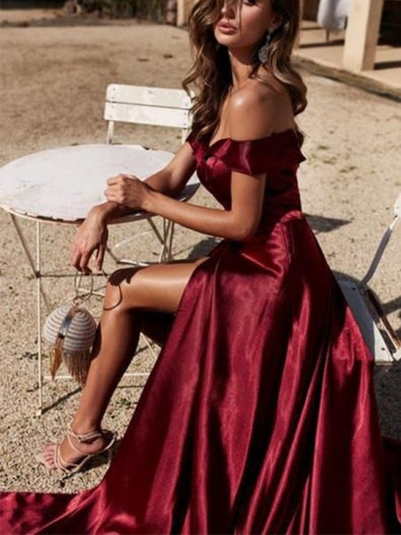Off Shoulder High Slit Burgundy Prom Dresses, Long Prom Dresses, Popular Cheap Prom Dresses