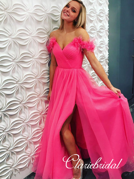 Off Shoulder Long A-line Hot Pink Tulle Prom Dresses, Lovely Prom Dresses, 2020 Prom Dresses