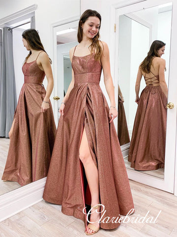 Straps Lace Up Shemmering Fabric Long Prom Dresses, 2020 Prom Dresses, Cheap Prom Dresses, Popular Prom Dresses