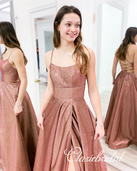 Straps Lace Up Shemmering Fabric Long Prom Dresses, 2020 Prom Dresses, Cheap Prom Dresses, Popular Prom Dresses