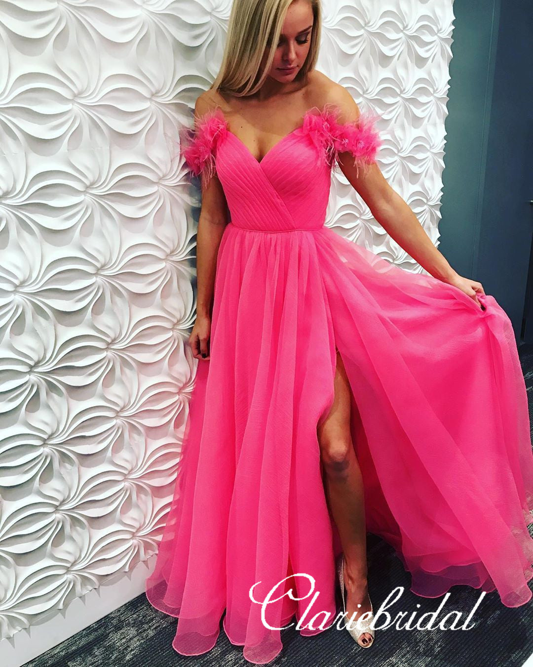 Off Shoulder Long A-line Hot Pink Tulle Prom Dresses, Lovely Prom Dresses, 2020 Prom Dresses