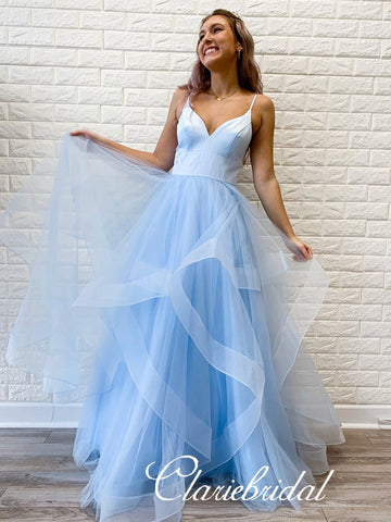 Straps Long A-line Light Blue Tulle Prom Dresses, Lovely 2020 Prom Dresses, Popular Prom Dresses