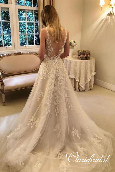 V-neck Long A-line Lace Tulle Romantic Wedding Dresses, Bridal Gown