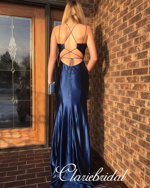 Simple Navy Elastic Satin Prom Dresses, Side Slit Prom Dresses, Long Prom Dresses, 2020 Prom Dresses
