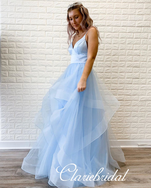 Straps Long A-line Light Blue Tulle Prom Dresses, Lovely 2020 Prom Dresses, Popular Prom Dresses