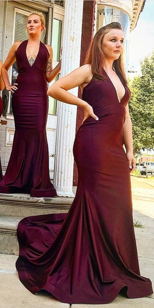 Deep V-neck Long Mermaid Elastic Satin Bridesmaid Dresses, Halter Long Bridesmaid Dresses
