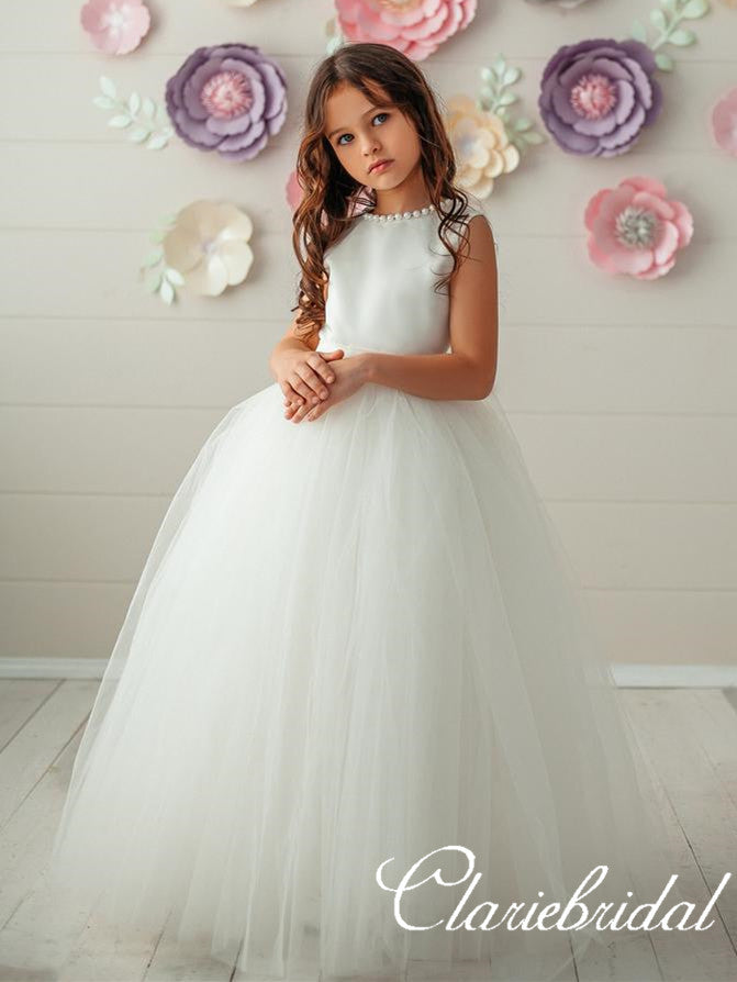 Round Neck Pearls A-line Tulle Satin Flower Girl Dresses