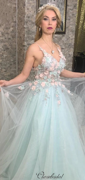 Modest Appliques Prom Dresses 2020, Straps Tulle Prom Dresses Long