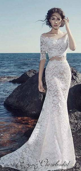 Two Pieces Lace Wedding Dresses, Half Sleeves Mermaid Wedding Dresses