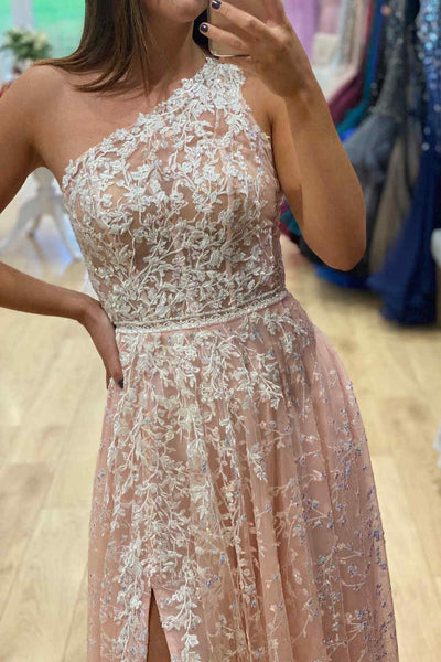 One Shoulder Long A-line Prom Dresses, Lace Prom Dresses, Cheap Prom Dresses, 2021 Prom Dresses