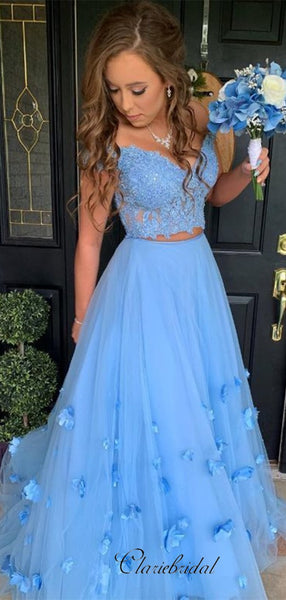 Two Pieces Lace Long Prom Dresses, Newest Appliques Prom Dresses, 2020 Prom Dresses