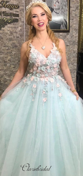 Modest Appliques Prom Dresses 2020, Straps Tulle Prom Dresses Long