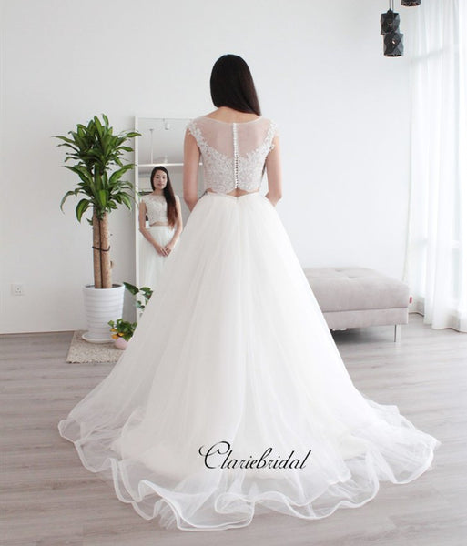 Cap Sleeves Two Pieces Lace Wedding Dresses, A-line Tulle Wedding Dresses