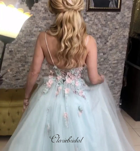 Modest Appliques Prom Dresses 2020, Straps Tulle Prom Dresses Long