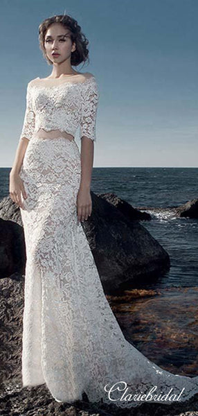 Two Pieces Lace Wedding Dresses, Half Sleeves Mermaid Wedding Dresses