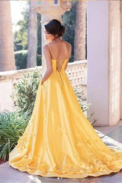 Spaghetti Straps Satin Long Prom Dresses, A-line Appliques 2020 Long Prom Dresses