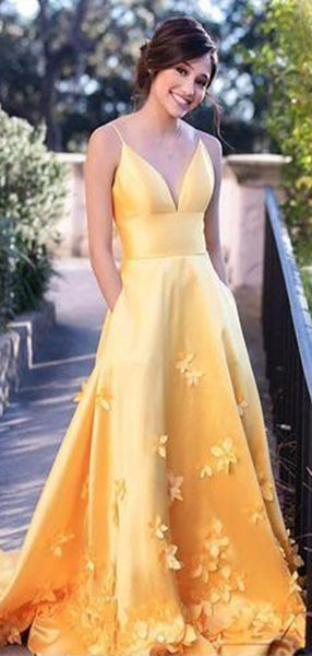 Spaghetti Straps Satin Long Prom Dresses, A-line Appliques 2020 Long Prom Dresses