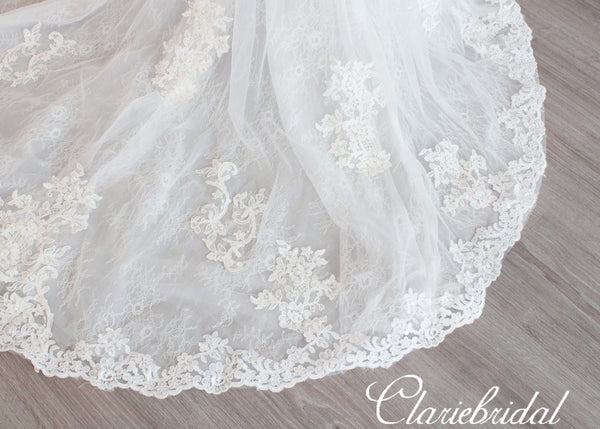 Cap Sleeves iIlusion Lace Mermaid Tulle Wedding Dresses, Bridal Gown