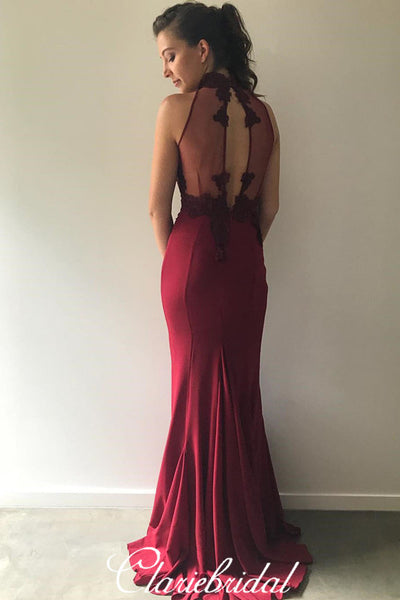 High Neck Maroon Lace Jersey Mermaid Prom Dresses