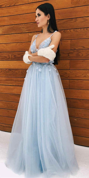 Pale Blue Lace Tulle Prom Dresses, A-line Prom Dresses, 2021 Prom Dresses, Cheap Prom Dresses