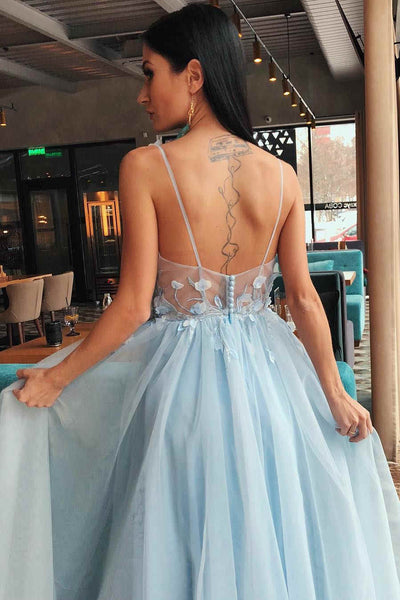 Pale Blue Lace Tulle Prom Dresses, A-line Prom Dresses, 2021 Prom Dresses, Cheap Prom Dresses
