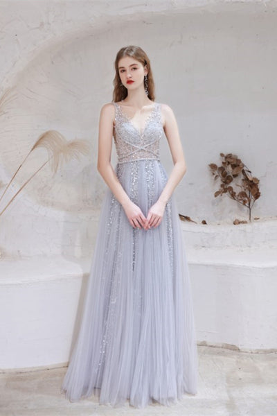 V-neck Light Grey Shiny Sequin Beaded Prom Dresses, Newest Prom Dresses, 2021 Prom Dresses