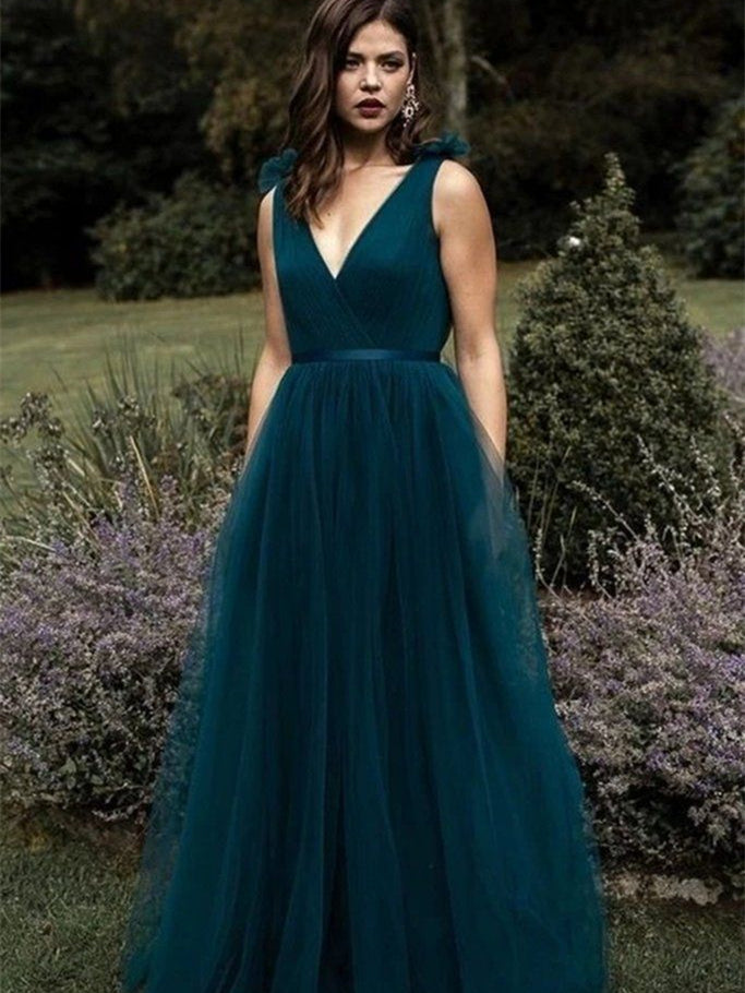 V-neck Long A-line Teal Tulle Prom Dresses, Long Bridesmaid Dresses, Newest Popular Bridesmaid Dresses