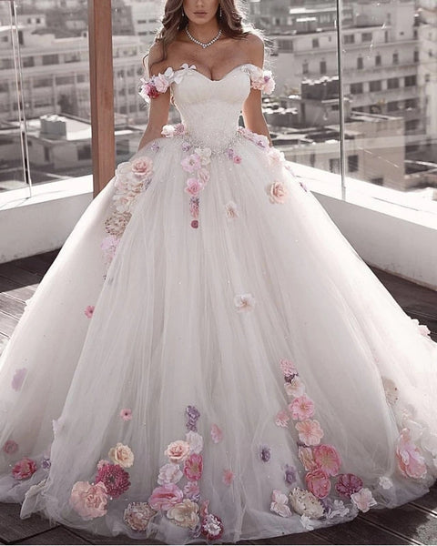 Off Shoulder Long Ball Gown Wedding Dresses, Beaded 3D Flowers Wedding Dresses, Long Wedding Gown