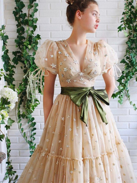 V-neck Champagne Star Tulle Prom Dresses, A-line Prom Dresses, Princess Dresses, 2023 Prom Dresses, Affordable Prom Dresses