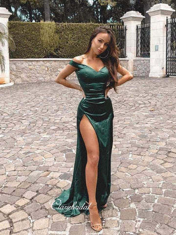 Off Shoulder Simple Prom Dresses, Mermaid Long Prom Dresses, High Slit Prom Dresses