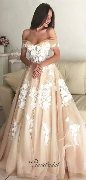 Champagne Off Shoulder Prom Dresses, A-line Lace Long Prom Dresses, 2020 Prom Dresses